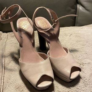 mince camuto tan peep toe angle strap platform sandals . size 8.5
